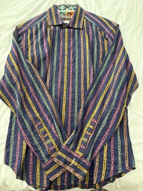 Men's/Unisex Striped Button-Up Shirt in Navy with Multicolor Stripes